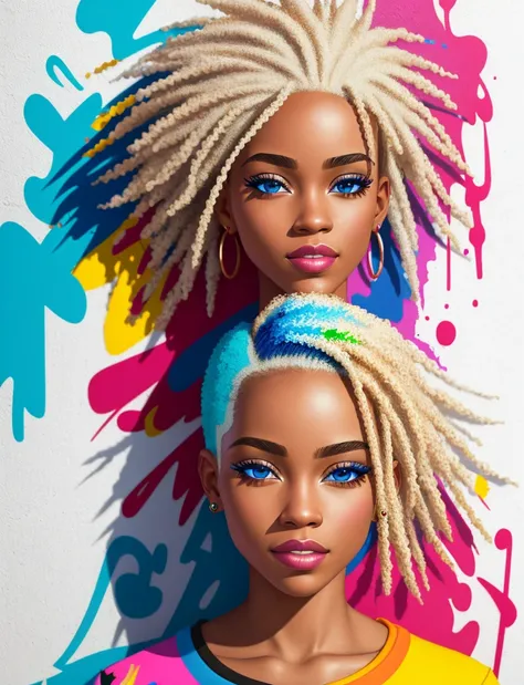 Graffiti painting, street art, 32k extremely detailed CG unit wallpaper, 32k landscape, artwork, masterpiece, best quality, amazing light brushstrokes, of a 24 year old African American girl with platinum hair in graffiti style on a white wall with vibrant...