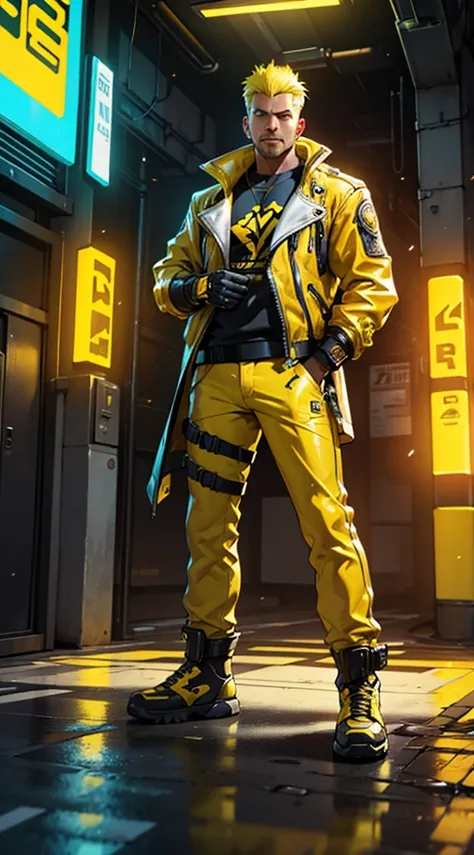 A 36-year-old man in an open yellow coat and yellow pants and yellow gloves and yellow boots and with arms crossed leaning on a very shiny gold motorcycle and the man looking very seriously at the viewer on a cyberpunk 2077 style futuristic street with neo...