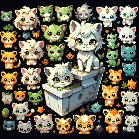 Emoticon pack，Little Lion（Organism），simple backgound，Cartoon Cute，Green eyes，Silver-white hair