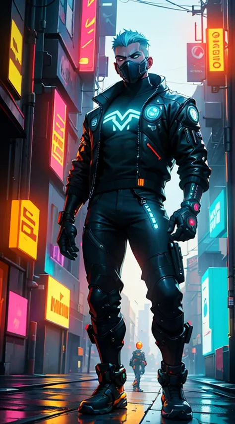 A yellow cyber with his super technological costume with orange LED lights and doing a very serious combat pose looking at the viewer on the futuristic cyberpunk 2077 style street with neon style lighting and reflections on the buildings and with very deta...