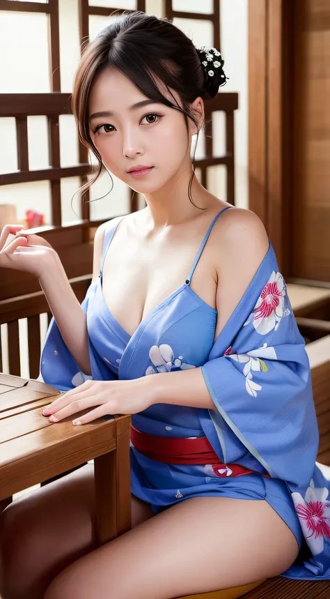 top-quality、​masterpiece、ultra res、a beauty girl、cute girl face、Onsen inn、Wearing a yukata、full bodyesbian、Famous actresses of Japan、very beautiful face、chest、A sexy