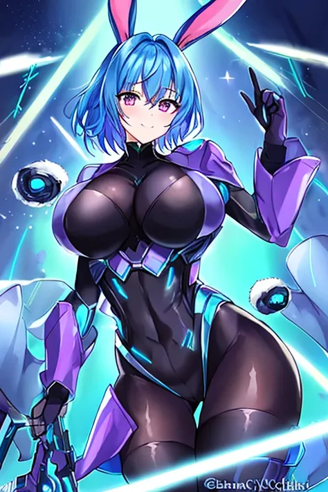 1girl, blue hair, large breasts, breasts, thick thighs, wide hips, purple eyes, bodysuit, black bodysuit, pantyhose, short hair, light smile, happy, very short hair, science-fiction, tech, futuristic, black pantyhose, thighhighs, neon, machinery, bunny ear...