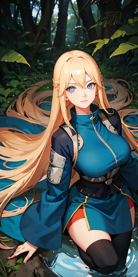 aerial view), dynamic angle, ultra-detailed, 1 woman, long blonde hair blue eyes, naruto ninja outfit, in a forest, cute