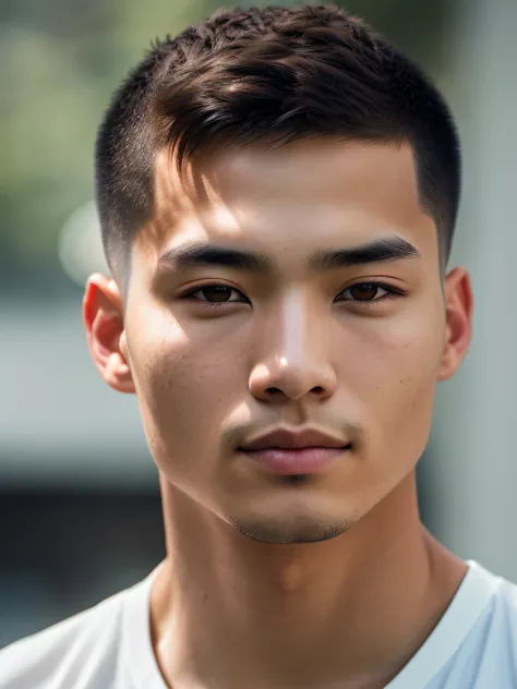 full frame, Close portrait, cute, male model, Herculean Chinese male, taupe clear skin, auburn buzzcut hair, heterochromia eyes, (skin texture), skin pores, shallow depth of field, sharp eye focus, backlit