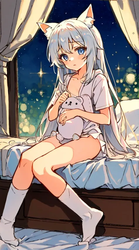 (NSFW:0.9),(little girl:1.4), solo, full body, sitting, dynamic angle, white hair, flat chest, frilled, 3yo, brown hair, long hair, night, starry sky, dark, sleepy, want to sleep, animal ears hood, holding teddy bear, covered breasts,shy, blush,A young gir...