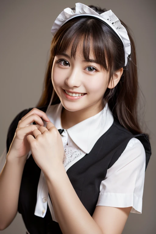 ((Beautiful maid:1.5),High resolution, of the highest quality),Wearing a maids uniform,Soft hands, Big bright eyes, dark and bright curled hair, Sweet smile, rosy cheeks, Soft light, Pure white background.