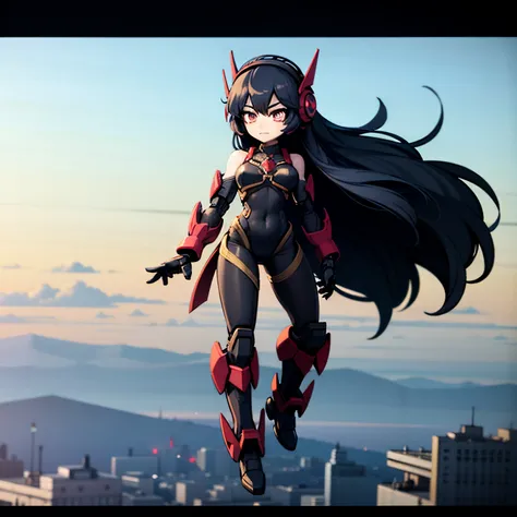 Young woman, dark blue hair, red eyes, goth girl, wearing black benet, mecha girl, robot girl, floating in air, robotic woman, metal in body, black iron, on a cyberpunk city, 4k, masterpiece, HD, anime 2D, good anathomy