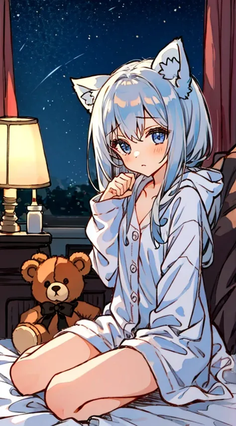 (NSFW:0.9),(little girl:1.4), solo, full body, sitting, dynamic angle, white hair, flat chest, frilled, 3yo, brown hair, long hair, night, starry sky, dark, sleepy, want to sleep, animal ears hood, holding teddy bear, covered breasts,shy, blush,A young gir...