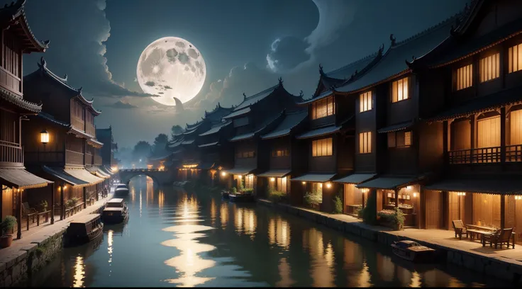 Mid-autumn night view，Big Full Moon，Very bright，river water，towns，k hd，Welcoming range，Wuzhen，Creative design work，