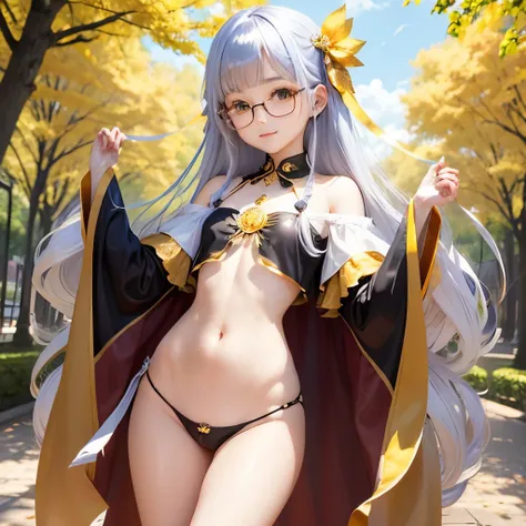 Transparent hair、hime-cut、Golden Eyes、eye glasses、ssmile、early teenage girls、flat chest、Thin pubic hair、Beautiful open legs、a park