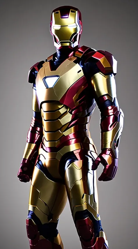 Very shiny golden iron man pointing his hand towards the viewer and gray background