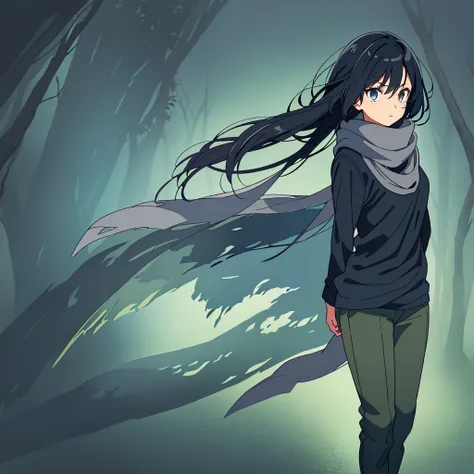 1girl, solo, tan skin, (long bluish black hair), (dark grey anime style scarf), black top, dark green forest pants, dark grey wr...