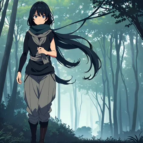 1girl, solo, tan skin, (long bluish black hair), (dark grey anime style scarf), black top, dark green forest pants, dark grey wristbands, dark grey boots, blank expression, (best quality, anime style, well detailed, dark forest background)