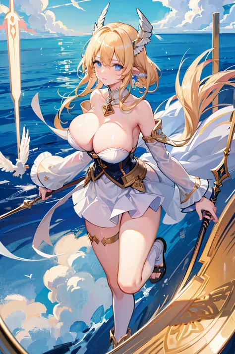 4k,hight resolution,Bright blonde hair,Bright light blue eyes,Longhaire,huge tit,valkyrie,jewel decorations,Winged headgear,Excalibur,Temple in the Sky