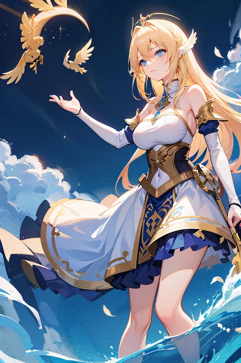 4k,hight resolution,Bright blonde hair,Bright light blue eyes,Longhaire,huge tit,valkyrie,mysterious armor,jewel decorations,Winged headgear,Excalibur,Temple in the Sky