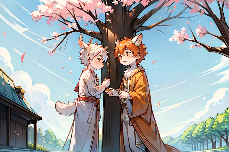 A white deer in a white robe，deer antlers，A wolf wearing an orange robe，Beautiful garden，Peach blossom tree，falling flower petals，Clear blue sky，shota，lovely boy，two guys，Clear facial features，The two stood under the peach blossom tree，grassy fields，Playin...