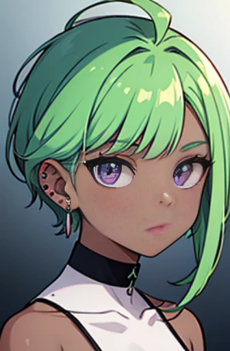 A portrait of a woman with asymmetrical green hair, an undercut hairstyle, purple eyes, ear piercings, an earring on one side and dark skin