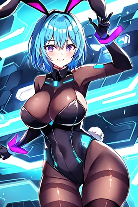 1girl, blue hair, large breasts, breasts, thick thighs, wide hips, purple eyes, bodysuit, black bodysuit, pantyhose, short hair, light smile, happy, very short hair, science-fiction, tech, futuristic, black pantyhose, thighhighs, neon, machinery, bunny ear...