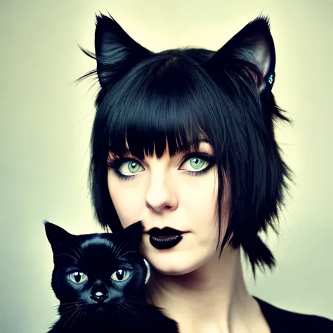 chubby woman with medium length dark hair and hazel blue eyes wearing punk or goth style holding a black cat