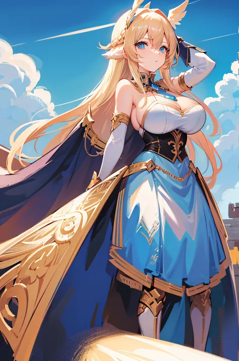 4k,hight resolution,Bright blonde hair,Bright light blue eyes,Longhaire,Huge breasts,valkyrie,mysterious armor,jewel decorations,Winged headgear,Excalibur,Temple in the Sky