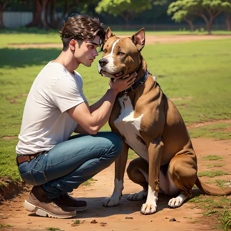 Pitbull marrom com peito branco e jovem de cabelos pretos e lisos em um campo verde