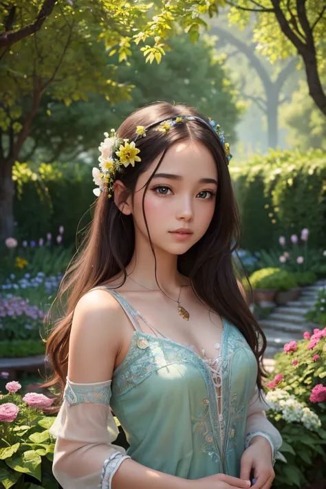 A girl with beautiful detailed eyes and lips stands in a picturesque garden. The girls eyes captivate with their intricate details, while her lips are delicately shaped, accentuating her overall beauty. The garden is adorned with vibrant flowers and lush g...