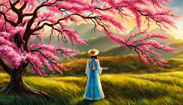 painting of a beautiful Chinese woman standing in a cherry blossom field with a sun hat and wearing pink halter dress, longos cabelos castanhos ondulados, wearing sunglasses, alto e magro, Beautiful, sorriso sutil, em um barco em um rio, por Yang J, Arte d...