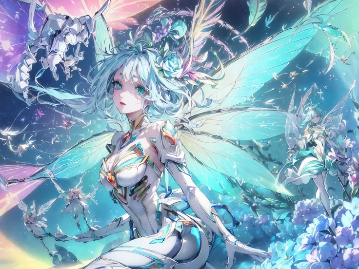 (​masterpiece,top-quality,top-quality,Beautifully Aesthetic:1.2),1girl in,extra detailed face,artificially created fairy,hyper quality,super delicate lines,lensflare,((mechanical fairy,android fairy,symmetrical wings,geometric feather,electronic fairy)),me...