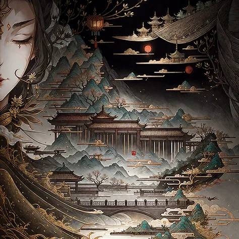 An ancient Chinese painting, ancient Chinese background, mountains, rivers, auspicious clouds, pavilions, sunshine, masterpieces, super detail, epic composition, ultra HD, high quality, extremely detailed, official art, unified 8k wallpaper, Super detail, ...