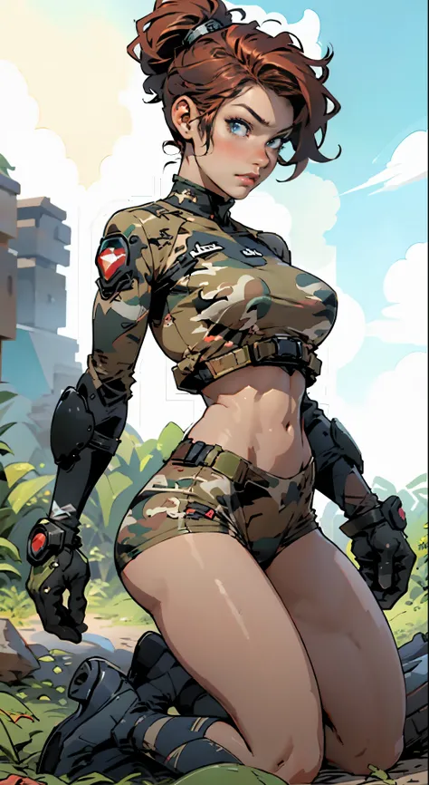 1woman 20 years old, max resolution, sculpted, military, wearing a soldier helmet, beautiful, perfect body, red hair, blue eyes, perfect body, thin waist, wide hips, large breasts, slim thighs, jungle background, armored vehicle, military robot dog, camouf...