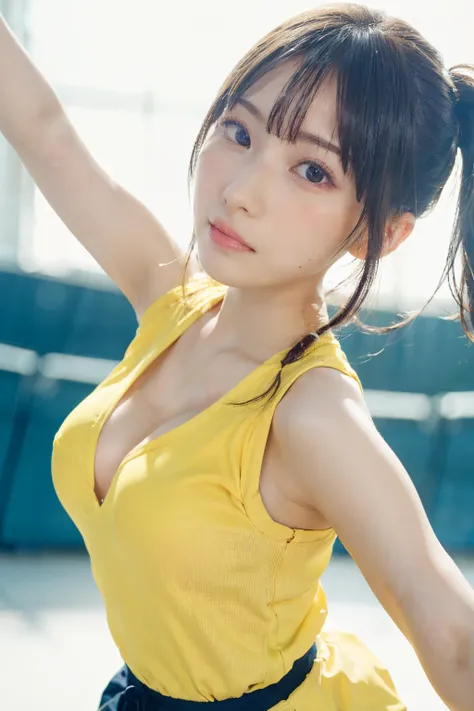 (masutepiece, Best Quality:1.5), Beautiful Girl, 8K, 50mm portrait, Raw photo, absurderes, Big Girl, (Close up face, Dancing:1.3), violaceaess, gardeniass, Upper body, Front shot, twin-tail hair, pigtail, cheer girl, yellow cheerleader uniform, Mini skirt,...