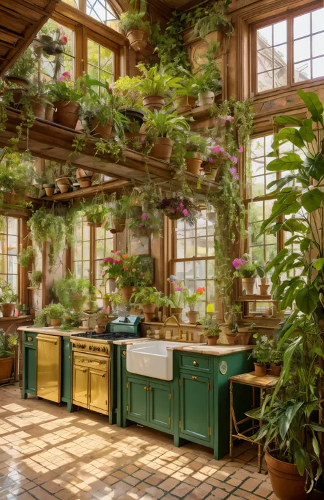 Architectural Digest photo of a maximalist Pink {vaporwave/steampunk/solarpunk} Pink kitchen with flowers and plants, golden light, hyperrealistic surrealism, award winning masterpiece with incredible details, epic stunning