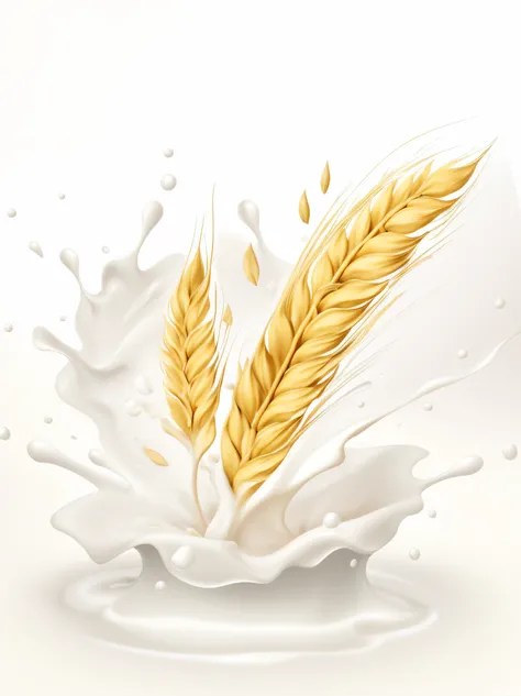 Splash of milk and two ears of oats, flowing milk, oatmeal,  Made with illustrator,  white backgrounid, puddle of milk, slight grain, textur, Granule effect, Heavy grain and high quality, Cream white background, hd illustration, cg art, Strong particles, n...