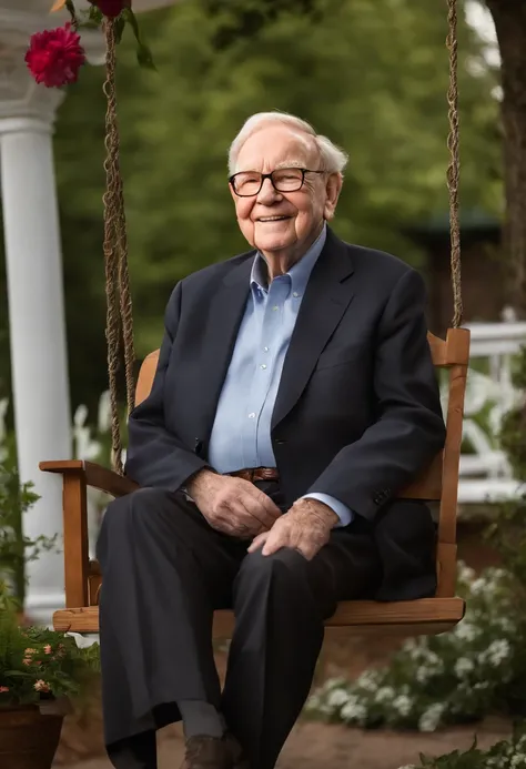 A picture of Warren Buffett sitting on a porch swing, surrounded by greenery and a peaceful garden.,original,Warren Buffett, often referred to as the “Oracle of Omaha,” has a friendly, approachable appearance, typically seen in modest, practical attire tha...