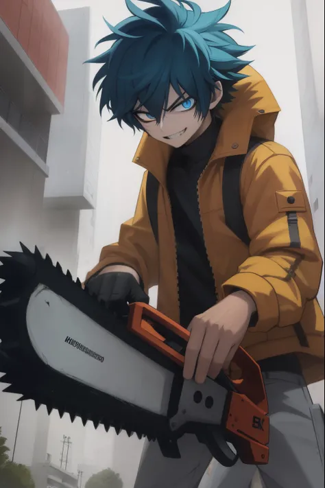 anime guy with chainsaw in his hand in front of a building, blue messy haircut, sorrindo,  badass anime 8 k, olhos azuis