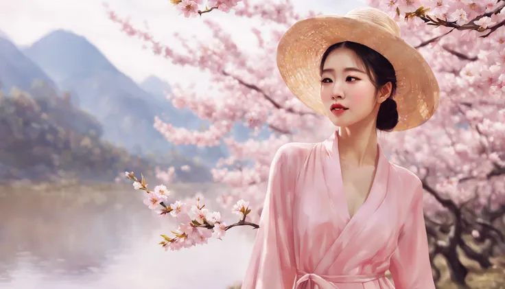 painting of a beautiful Chinese woman standing in a cherry blossom field with a sun hat and wearing pink halter dress, longos cabelos castanhos ondulados, wearing sunglasses, alto e magro, Beautiful, sorriso sutil, em um barco em um rio, por Yang J, Arte d...