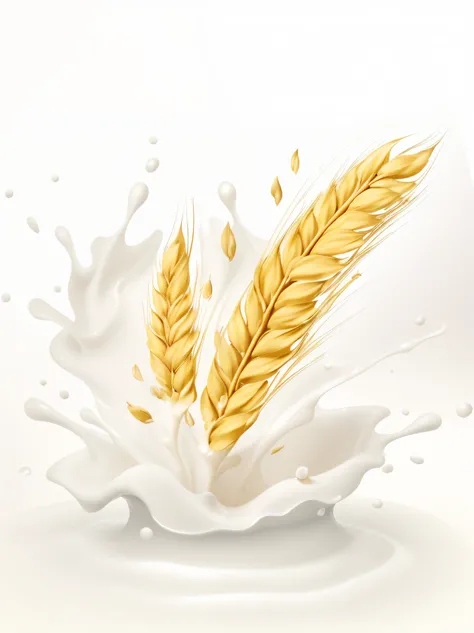 Splash of milk and two ears of oats, flowing milk, oatmeal,  Made with illustrator,  white backgrounid, puddle of milk, slight grain, textur, Granule effect, Heavy grain and high quality, Cream white background, hd illustration, cg art, Strong particles, n...