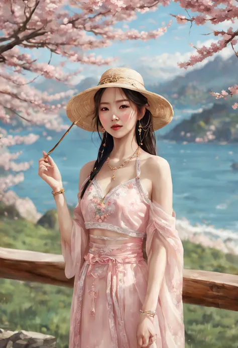 painting of a beautiful Chinese woman standing in a cherry blossom field with a sun hat and wearing pink halter dress, longos cabelos castanhos ondulados, wearing sunglasses, alto e magro, Beautiful, sorriso sutil, em um barco em um rio, por Yang J, Arte d...