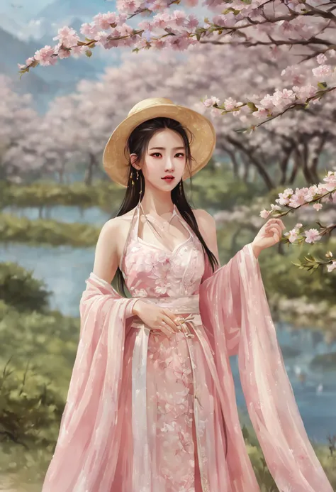 painting of a beautiful Chinese woman standing in a cherry blossom field with a sun hat and wearing pink halter dress, longos cabelos castanhos ondulados, wearing sunglasses, alto e magro, Beautiful, sorriso sutil, em um barco em um rio, por Yang J, Arte d...