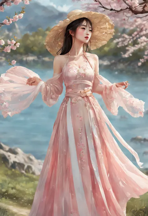 painting of a beautiful Chinese woman standing in a cherry blossom field with a sun hat and wearing pink halter dress, longos cabelos castanhos ondulados, wearing sunglasses, alto e magro, Beautiful, sorriso sutil, em um barco em um rio, por Yang J, Arte d...