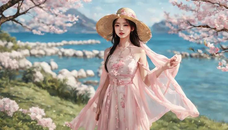 painting of a beautiful Chinese woman standing in a cherry blossom field with a sun hat and wearing pink halter dress, longos cabelos castanhos ondulados, wearing sunglasses, alto e magro, Beautiful, sorriso sutil, em um barco em um rio, por Yang J, Arte d...