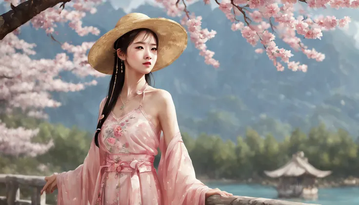 painting of a beautiful Chinese woman standing in a cherry blossom field with a sun hat and wearing pink halter dress, longos cabelos castanhos ondulados, wearing sunglasses, alto e magro, Beautiful, sorriso sutil, em um barco em um rio, por Yang J, Arte d...