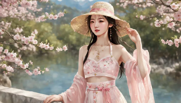 painting of a beautiful Chinese woman standing in a cherry blossom field with a sun hat and wearing pink halter dress, longos cabelos castanhos ondulados, wearing sunglasses, alto e magro, Beautiful, sorriso sutil, em um barco em um rio, por Yang J, Arte d...