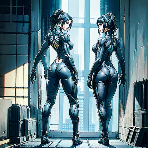 An illustration of Peta Jensen, Short Ponytail , hair pulled back, black hairs, turquoise eyes, Makeup, wearing a Black crysis nanosuit, High resolution, Ultra-pointu, 16k, Masterpiece, standing pose, from behind, Wide Shot,