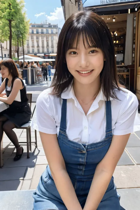 Ultra high-definition images,1 girl,(Black hair semi-long)(Beautiful hair), actress, Smile, Shiny skin, Best Quality, masutepiece, (Photorealistic:1.4), Terrace seating, ue, France, Paris, Denim Mini Skirt (Realistic fabric), short white sleeves (Cotton fa...