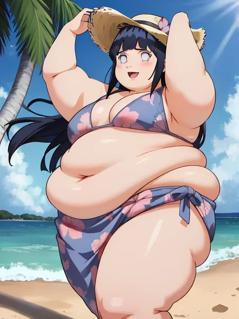 masterpiece, 4k, absurdres, 1girl, fat hinata(shippuden), solo, straw hat,midriff, bikini,  print sarong,   beach, palm tree, sunlight, floating hair, happy,parted lips, open mouth,hair ornament,  hair flower,  looking at viewer, obese body, large breasts,...