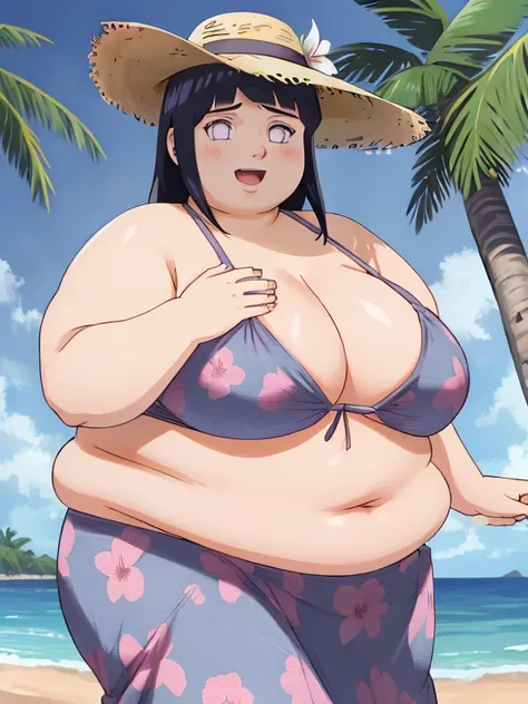 masterpiece, 4k, absurdres, 1girl, fat hinata(shippuden), solo, straw hat,midriff, bikini,  print sarong,   beach, palm tree, sunlight, floating hair, happy,parted lips, open mouth,hair ornament,  hair flower,  looking at viewer, obese body, large breasts,...