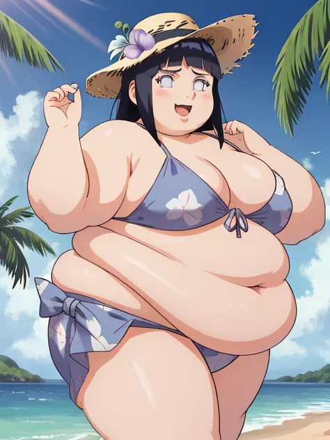 masterpiece, 4k, absurdres, 1girl, fat hinata(shippuden), solo, straw hat,midriff, bikini,  print sarong,   beach, palm tree, sunlight, floating hair, happy,parted lips, open mouth,hair ornament,  hair flower,  looking at viewer, obese body, large breasts,...