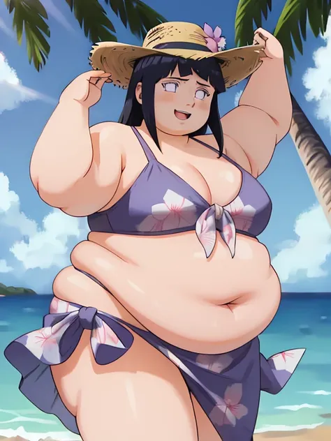 masterpiece, 4k, absurdres, 1girl, fat hinata(shippuden), solo, straw hat,midriff, bikini,  print sarong,   beach, palm tree, sunlight, floating hair, happy,parted lips, open mouth,hair ornament,  hair flower,  looking at viewer, obese body, large breasts,...