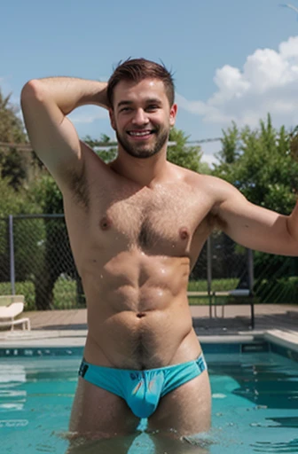 Man, bulgarian, average body, 20 years old, short brown hair, short beard, body hair, pubic hair, belly, smile, public pool, hairy armpits, wearing swimmwear,